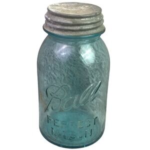Antique Ball Perfect Mason Jar Blue Glass Canning Zinc Lid No. 2